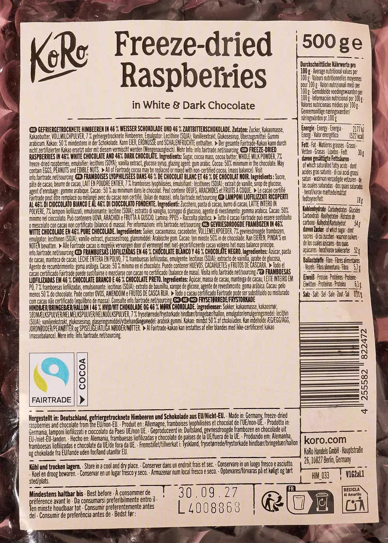 KoRo Gefriergetrocknete Himbeeren in weißer und dunkler Schokolade | 500 g – Produktbild 5 von 5