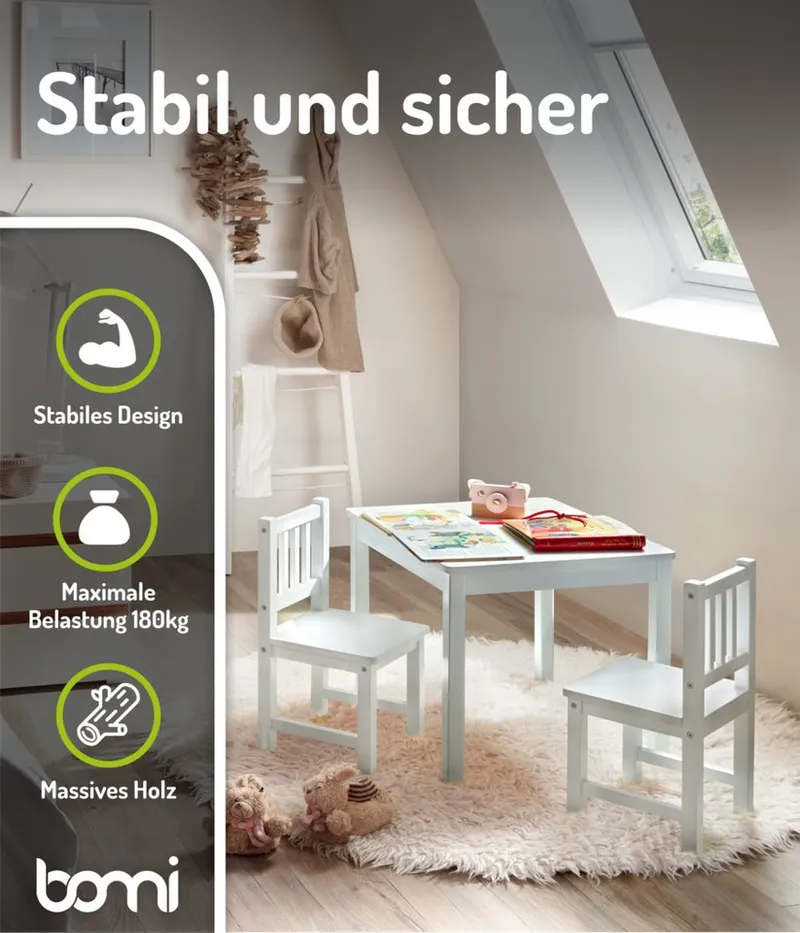bomi bomi Kindersitzgruppe Holzsitzgruppe Amy, (Set, 3-tlg., oder 5 tlg. erhältlich), Kindertischgruppe, Tisch & Stühle Kinderzimmer, als Spiel- & Maltisch, Weiß, – Produktbild 4 von 5