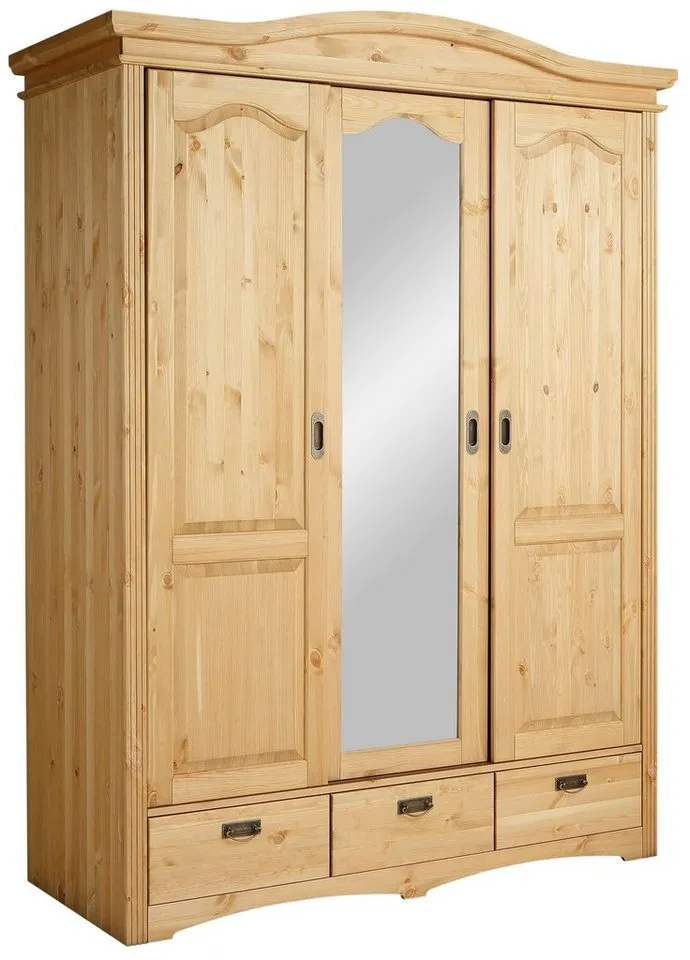 OTTO home Schiebetürenschrank Konrad, Landhausstil, rustikal, mit Schubladen + Spiegel, Kassetten (B/H/T ca. 153 cm x 207 cm x 64 cm) massive Kiefer, FSC®-zertifiziert, Messinggriffe, Beige, – Produktbild 3 von 5