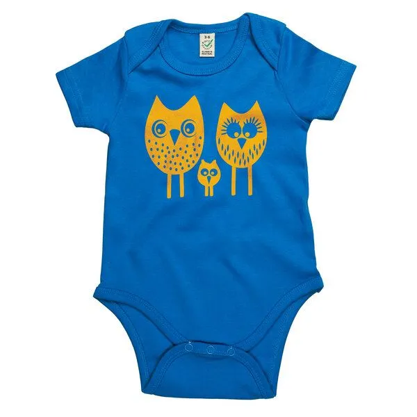 HANDGEDRUCKT HANDGEDRUCKT "drei Eulen" Baby Body, Bright blue, – Produktbild 1 von 4