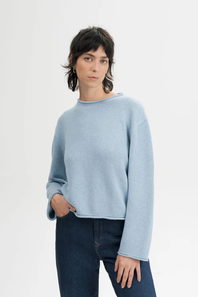 MELA MELA Damen vegan Strickpullover Mit Umgeschlagenem Saum Geetha Salty Blue Melange, Blau, – Produktbild 2 von 2