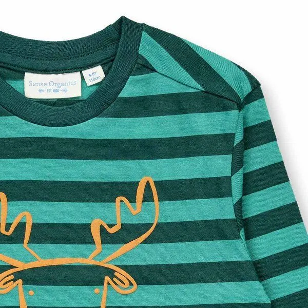 Sense Organics Sense Organics Kinder Langarmshirt, Modell LUKE, Petrolgrün geringelt mit hirsch, – Produktbild 2 von 4