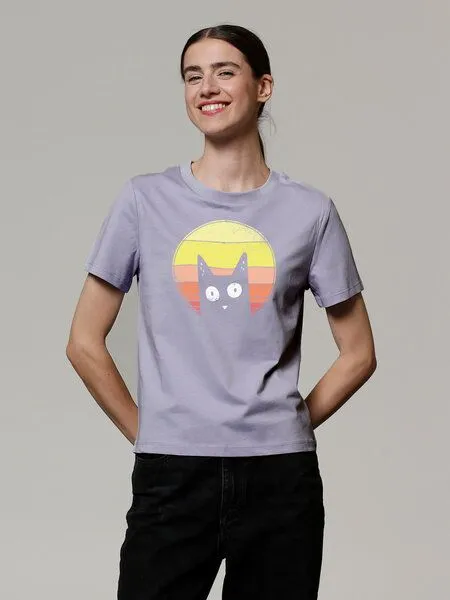 watapparel watapparel T-Shirt Frauen Sunset Cat, Lavender, – Produktbild 2 von 3
