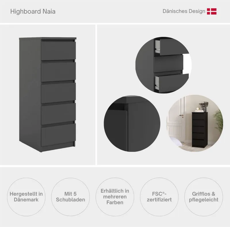 Home affaire Highboard Naia, Hochkommode, 5 Schubladen, Aufbewahrung, grifflose Front, Modern, skandinavisches Design, Schmal, in mehrere Farben, Weiß, – Produktbild 8 von 8