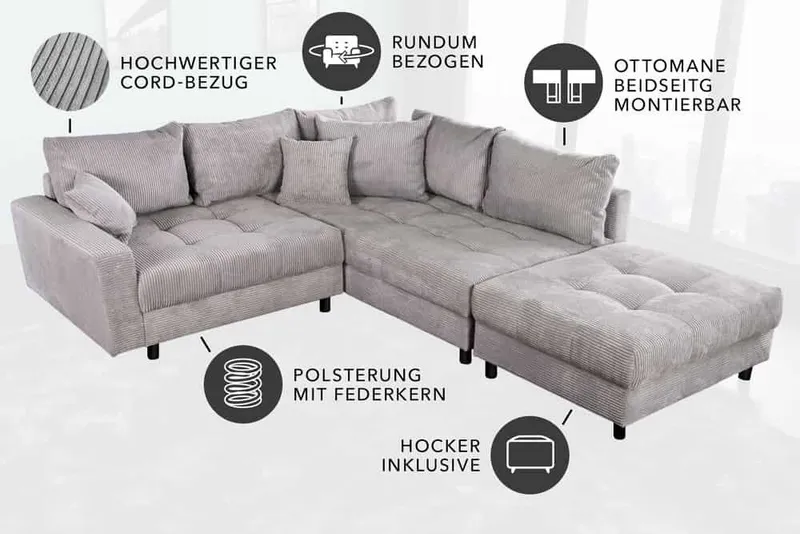 riess-ambiente Ecksofa KENT 220cm hellgrau/schwarz- Cord, L-Form, Federkern, FSC-zertifiziert, Einzelartikel 1 Teile, Moderne Wohnlandschaft inkl. Hocker - ideal für Wohnzimmer u. Familien, Grau, – Produktbild 5 von 5