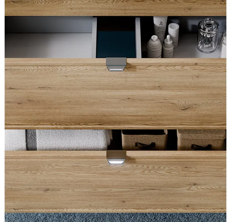 Lomadox Waschbeckenschrank TEMUCO-56-CREMONA 120 cm breit in Eiche mit Rahmenfräsung, 4 Schubladen, wandhängend, Braun, – Produktbild 3 von 5