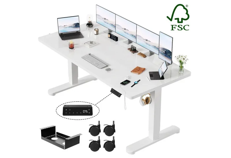 HOMALL Schreibtisch Höhenverstellbarer Elektrisch mit 25mm starker einteiliger Tischplatte (25 mm dicke, nahtlose, monolithische Tischplatten Keine gespleilten Platten Vielseitig und hochwertig Erinnerung bei langerem Stehen), Weiß, – Produktbild 1 von 5