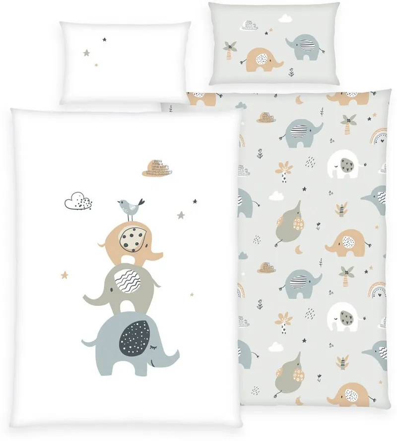 Baby Best Baby Best Babybettwäsche babybest Elephants, Renforcé, 2 teilig, mit liebevollem Motiv, Bunt|grau, – Produktbild 2 von 5