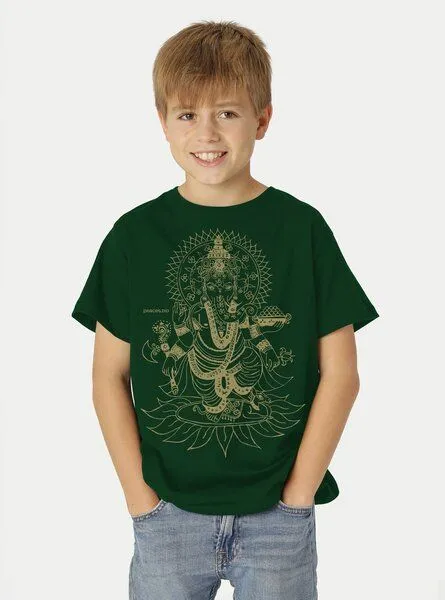 Peaces.bio - handbedruckte Biomode Peaces.bio - handbedruckte Biomode Bio-Kinder T-Shirt Ganesha, Flaschengrün, – Produktbild 2 von 2