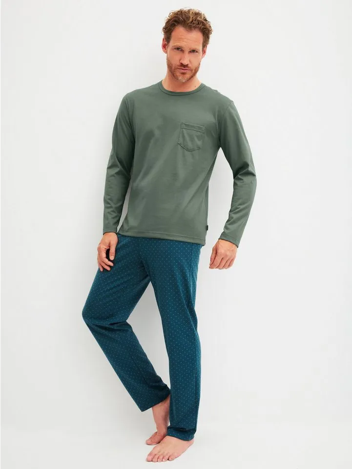 CALIDA CALIDA Schlafanzug Relax Imprint 2 (2 tlg) Langarm-Shirt & Hose mit geradem Bein, Grün, – Produktbild 2 von 5