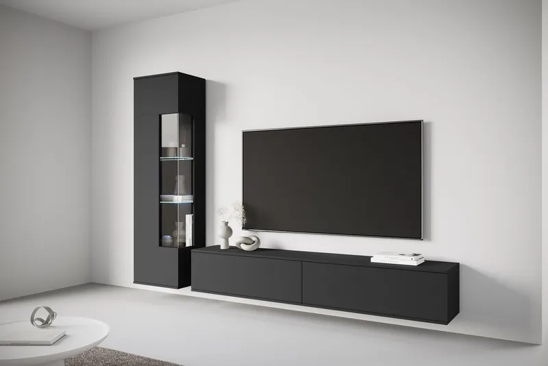 OTTO home Wohnwand Kenia, Vitrine Türanschlag links/rechts wechselbar, (Komplett-Set, 2-St), Vitrine mit Eckverglasung, hängend und stehend montierbar, Schwarz, – Produktbild 2 von 5