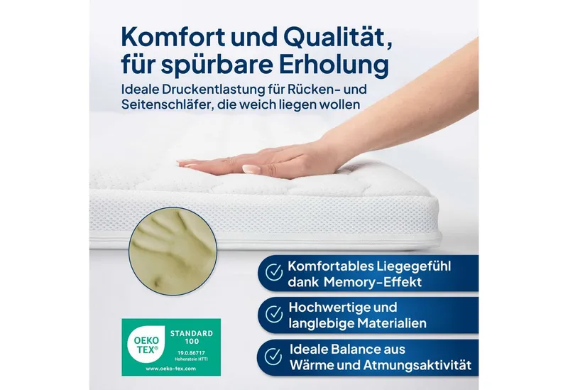 AM Qualitätsmatratzen, Topper Viscoschaum, Premium Visco-Topper, Memory Foam, Druckentlastend, 6 cm hoch, Viscoschaum (6cm), 80x200 cm, Weiß, – Produktbild 4 von 5