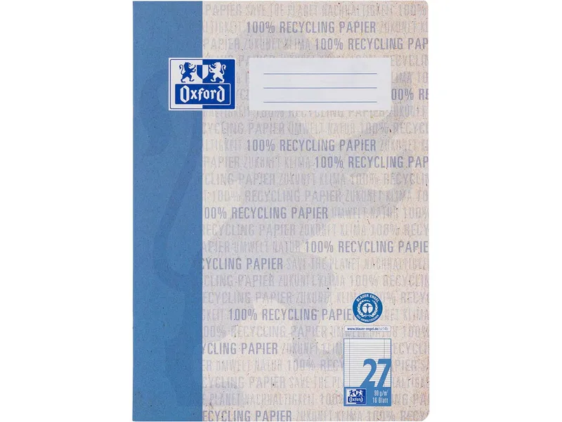 OXFORD OXFORD Recycling-Schulheft A4, 16 Blatt, Lineatur 27 (lin. m. Rand links + rechts), 90g/m² – Produktbild 1 von 1