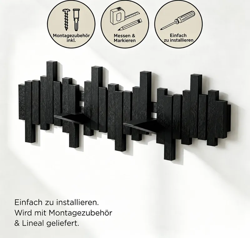 ibettertec Garderobenleiste Wandgarderobe,Hakenleiste aus Bambus,6 Haken für Kleidung, 6 Haken,Ein-/ausklappbar,für Flur,Diele,Badezimmer, Schwarz, – Produktbild 3 von 5