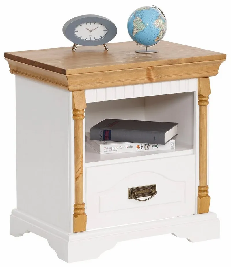 OTTO home Nachtkonsole Graz, aus massiver Kiefer, mit aufwendigen Details, Breite: 55 cm, Weiß, – Produktbild 3 von 5