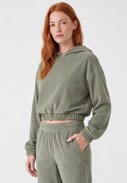 ORGANICATION ORGANICATION Cropped Cord-Hoodie aus Bio-Baumwolle, Olive, – Produktbild 3 von 4