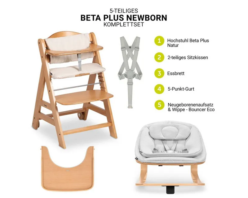Hauck Hauck Hochstuhl Beta Plus Natural Newbornset Eco - Light Grey (Set), Holz Babystuhl ab Geburt mit Neugeborenensufsatz, Sitzkissen, Essbrett, Beige, – Produktbild 2 von 5