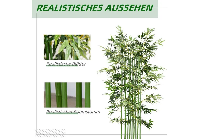 HOMCOM Kunstpflanze 180 cm, im Kiefernholztopf Bambus, HOMCOM, Höhe 180 cm, für Indoor, Outdoor, Dekopflanzen, Grün, – Produktbild 3 von 4