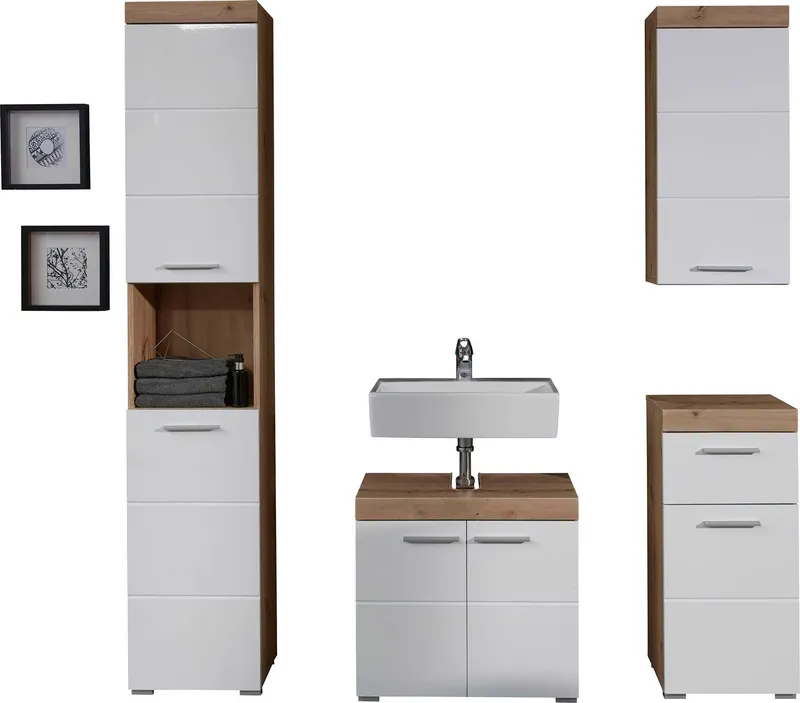 welltime Badmöbel-Set Avena, (Set, 4-St), Badmöbel - Hochschrank, Waschbeckenschrank, Hängeschrank und Kommode, Weiß, – Produktbild 1 von 5