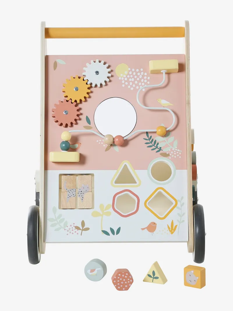 Vertbaudet Vertbaudet Activity-Lauflernwagen mit Bremsen Holz FSC®, Rosa savania, – Produktbild 4 von 4