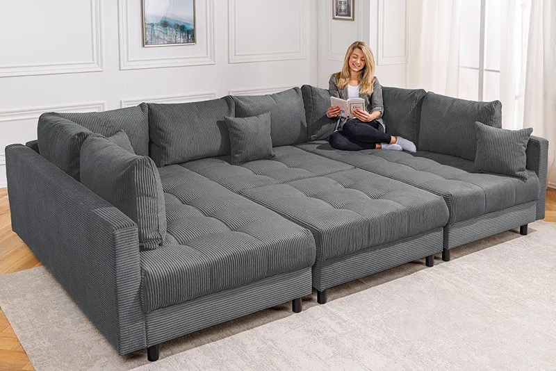 riess-ambiente Wohnlandschaft KENT 305cm anthrazit/schwarz - inkl. Hocker, U-Form, FSC-zertifiziert, Einzelartikel 1 Teile, Ecksofa · Wohnzimmer · mit Federkern · Cord-Bezug · Modern Design, Schwarz, – Produktbild 3 von 5