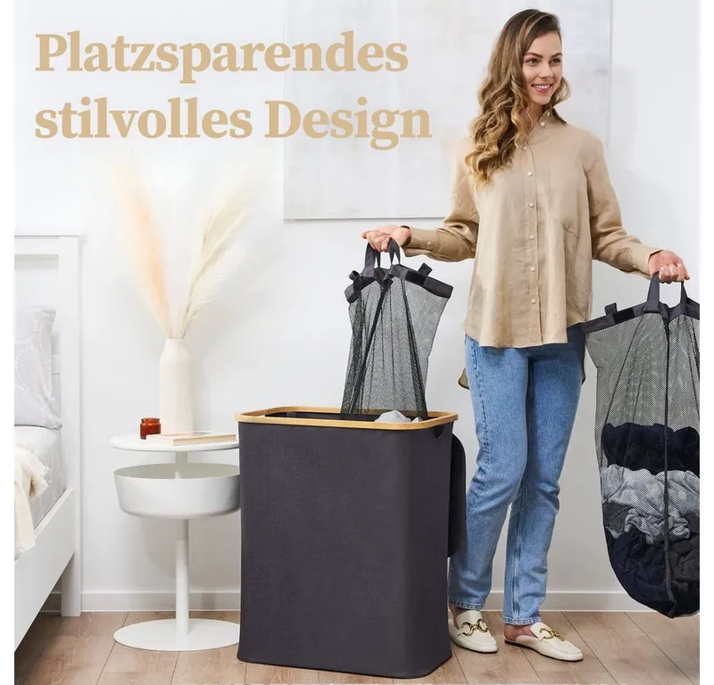 HENNEZ Wäschekorb Bambus mit Deckel 2 Fächer, 140L Wäschesack - Wäschesortierer Wäschebox Wäschetonne Wäschesammler, Grau|schwarz, – Produktbild 5 von 5
