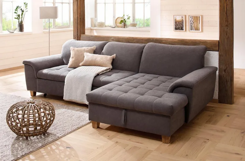 Home affaire Ecksofa Lyla fester Sitzkomfort, bequeme Armlehnen, Breite 279cm, L-Form, mit Recamiere, wahlweise mit Rückenfunktion und zusätzlich mit Bett, Grau, – Produktbild 3 von 5