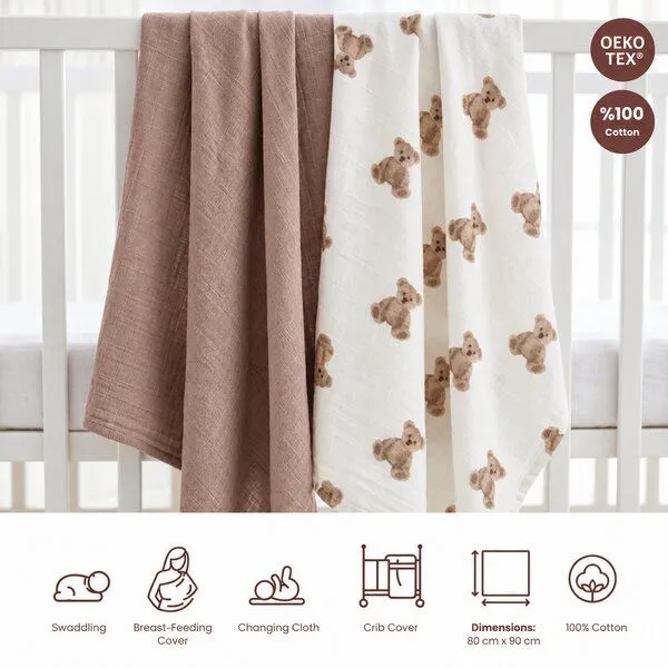 Bebekevi Bebekevi Spucktuch - Multitücher - Decke Müsselin 80 × 90 cm - 2er set - 100 % Baumwolle, Beige-bär, – Produktbild 2 von 3