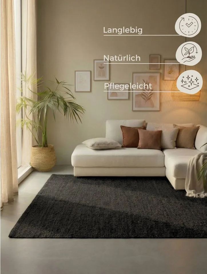 HANSE Home Teppich Jaipur Juteteppich, als Läufer und in Rund, rechteckig, Höhe: 10 mm, 100% Naturfaser, Wohnzimmer, Esszimmer, Schlafzimmer, Schwarz, – Produktbild 3 von 5