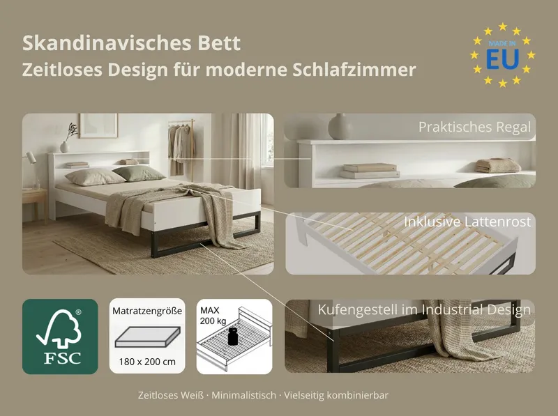 OTTO home Bett Pannor, Industrial Design, mit Regal, Lattenrost inklusive (Liegefläche Breite 140 oder 180cm), Kufengestell, bis 200 kg belastbar, FSC-zertifiziert, Made in EU, Weiß, – Produktbild 1 von 4