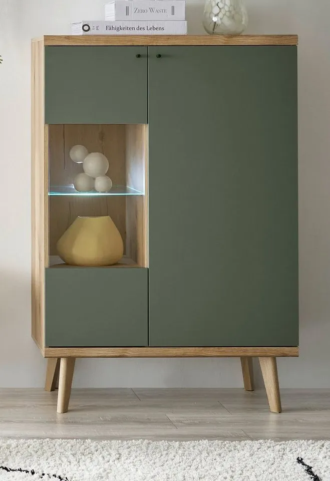 Furn.Design Highboard Juna (Kommode in Evoke Eiche und Salbei Grün, 2-türig, 90 x 134 cm), 7 Fächer, Beige, – Produktbild 3 von 5