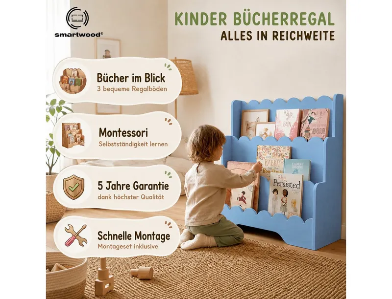 Smartwood Kinderregal Montessori, Bücherregal Kinder, FSC-Kiefernholz, Blau, LULU, Blau, – Produktbild 2 von 5
