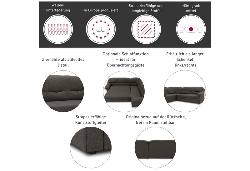 DOMO collection Ecksofa Montana, zeitlose Rückensteppung, bequeme Armlehnen, B.234cm, L-Form, wahlweise mit Bettfunktion, Beige, – Produktbild 1 von 5