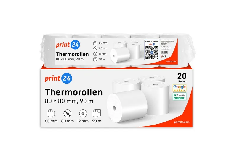 print24 Endlospapier Thermorollen, 80 x 80 x 12mm, 90m, PEFC, Für EPSON, IBM, u.v.m., PEFC-Zertifikat (GFA-PEFC-COC-500582) – Produktbild 2 von 5