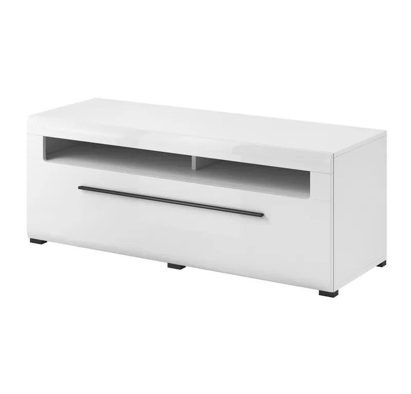 Lomadox Wohnwand TURDA-83, (4-St., Couchtisch Highboard Lowboard Sideboard Vitrine Wandregal), weiß Hochglanz Metallgriffe schwarz modern inkl. LED Beleuchtung, Weiß, – Produktbild 4 von 4