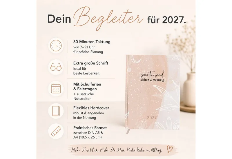 TOBJA Buchkalender Buchkalender 2027 Wochenplaner rosa Aquarell OptiPlaner Rosé FSC, Aquarell-Design altrosa, 30-Min-Taktung, 18,5x26 cm, FSC, 4-sprachig – Produktbild 2 von 4