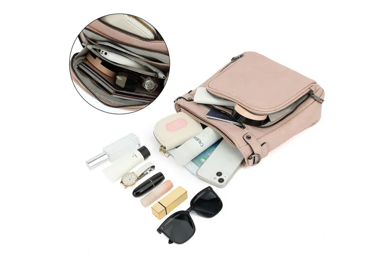 TAN.TOMI Schultertasche Handtasche damen mittelgroß Umhängetaschen crossbody bag, Retro leder PU damentaschen mit breitem gurt handtaschen, Rosa, – Produktbild 5 von 5