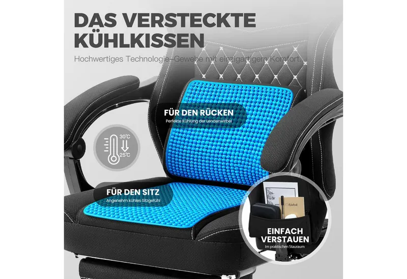 Dowinx Gaming-Stuhl Stoff mit Taschenfederkissen, Gaming Sessel mit Fußstütze, Ergonomischer Bürostuhl, Schwarz, – Produktbild 4 von 5