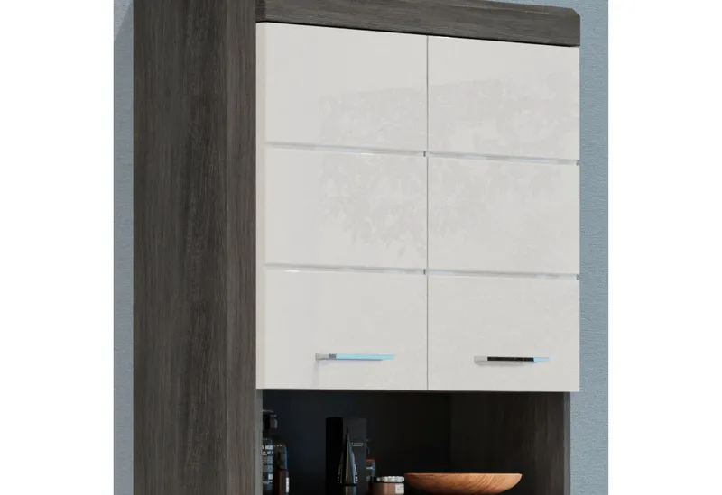 furnling Hängeschrank Scott 2 Türen, 1 offenes Fach, Stauraum, Badmöbel, Badschrank, 74 cm breit, Grau|silberfarben, – Produktbild 2 von 5