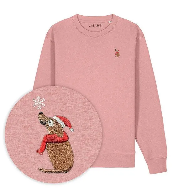 LIGARTI Bestickter Pullover – Thomas der Weihnachtshund – LIGARTI Tiermanufaktur, Altrosa, – Produktbild 1 von 4