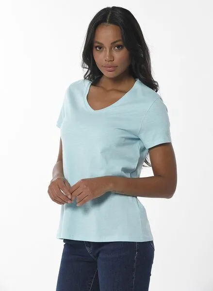 ORGANICATION ORGANICATION Damen Basic T-Shirt aus Bio-Baumwolle mit V-Ausschnitt, Blau(mint), – Produktbild 3 von 4