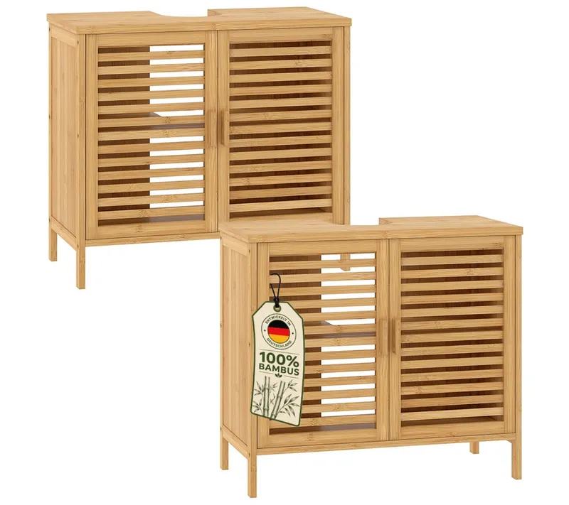 Bellamio Waschbeckenunterschrank Newa, Badezimmerschrank mit zwei Ablagefächern (Spar-Set, 2-St) aus natürlichem Bambus, robst und langlebig, Braun, – Produktbild 1 von 5