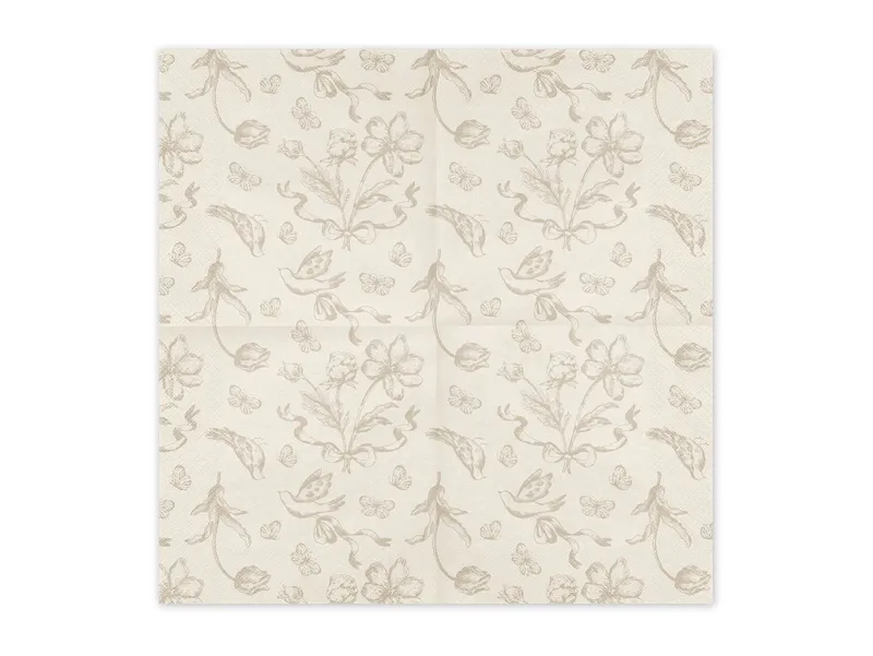 partydeco Papierserviette, Servietten Papier 33x33cm 3-lagig 12 Stück Vintage Blumen & Vögel, Beige, – Produktbild 2 von 5