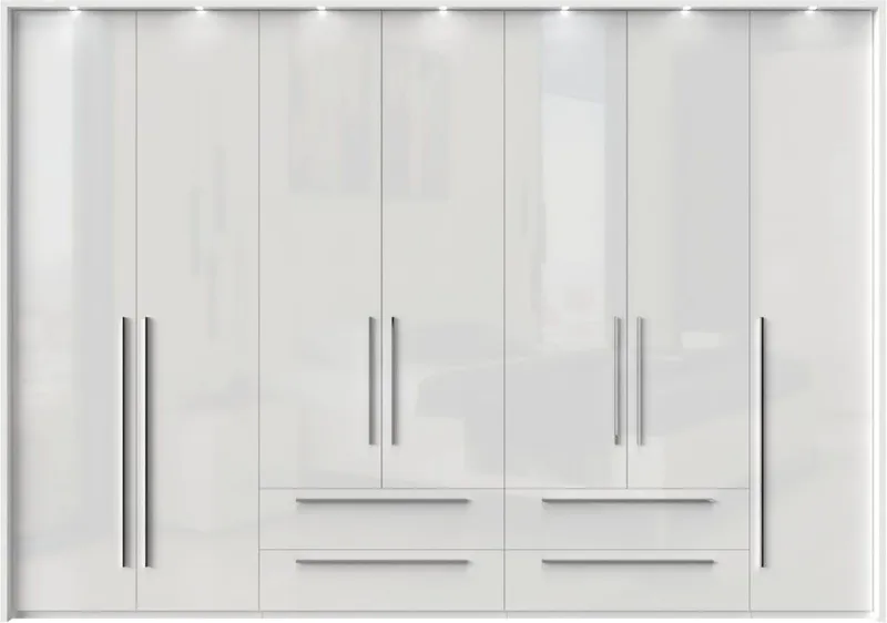 OTTO home Drehtürenschrank Piano, inklusive Rahmen und Beleuchtung, soft-close-Funktion (277 oder 322cm breit, 226cm hoch, mit 4 Schubladen) UV lackiert, hochglänzend weiß oder beige, FSC-zertifiziert, Weiß, – Produktbild 7 von 8