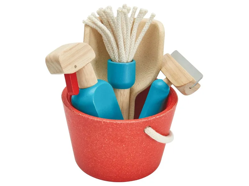 PlanToys PlanToys Kinder Hausputz Set aus Kautschukholz Maße 12,5 x 23 cm, Natur, rot, blau, – Produktbild 3 von 5