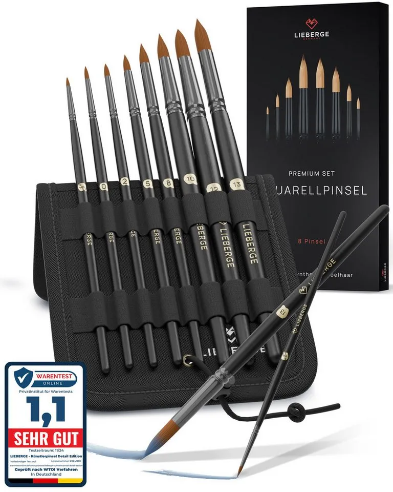 LIEBERGE Malpinsel Premium Set Aquarell – 8 Aquarelllpinsel, inkl. Präsenter, (Set, 8 St., Rundpinsel, Pinselpräsenter, Pinselständer), Synthetikhaar, vegan, langlabig, hohe Farbaufnahme, Anfänger, Profis, Schwarz, – Produktbild 1 von 5