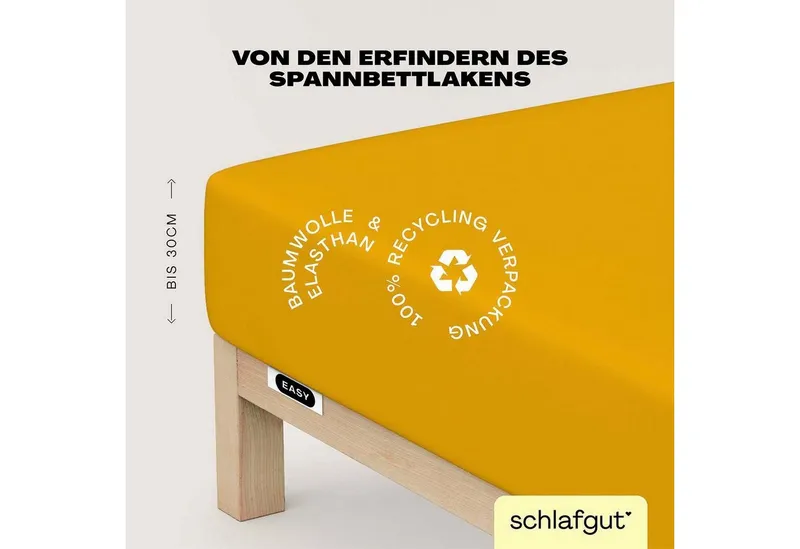Schlafgut Schlafgut Spannbettlaken EASY JERSEY ELASTHAN Bettlaken, 170 g/m², 95% Baumwolle, 5% Elasthan, Jersey, Gummizug: rundum, (1 Stück), Spannbettlaken bis 30 cm Höhe, bügelfrei, pflegeleicht, perfekter Sitz, Gelb, – Produktbild 2 von 5