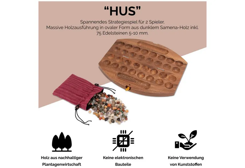 LOGOPLAY Spiel Hus oval Samena, Gesellschaftsspiel, Bao L Hus / Kalaha / Bohnenspiel aus edlem Samena-Holz mit 75, Beige, – Produktbild 4 von 5
