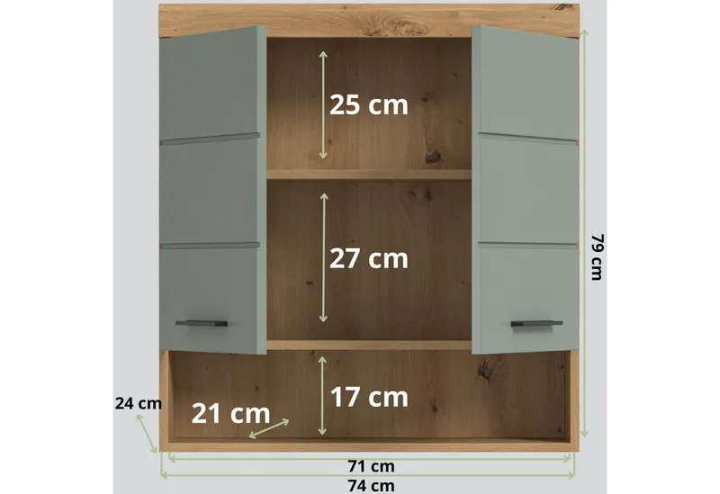 furnling Hängeschrank Scott 2 Türen, 1 offenes Fach, Stauraum, Badmöbel, Badschrank, 74 cm breit, Grün, – Produktbild 3 von 5