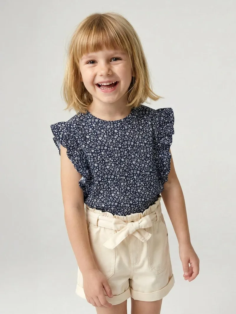 Vertbaudet Mädchen Top mit Volants und Blumenmotiven, Marine, – Produktbild 1 von 3